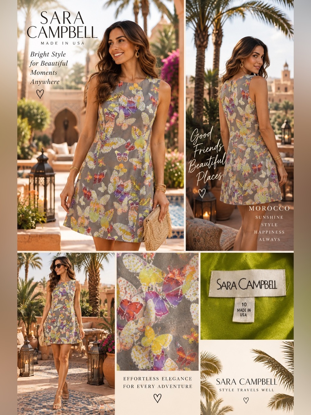 Sara Campbell Formal Sleeveless Neon Butterfly Print Shift dress USA designer